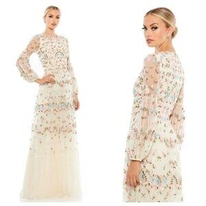 Mac Duggal Floral Embroidered Maxi Dress in Cream